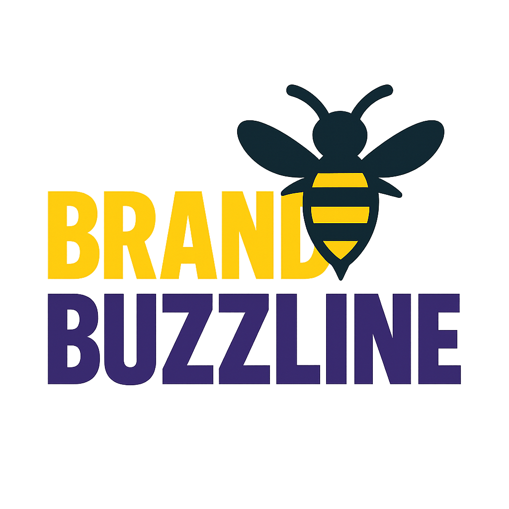 Brand Buzzline logo featuring a stylized bee and bold lettering in yellow and purple, representing branding and marketing themes relevant to Bumble Bloom Media.